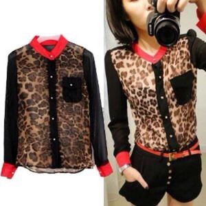 Red and cheetah collared chiffon blouse
