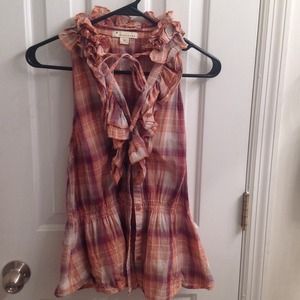 Plaid, ruffle neck, sleeveless blouse