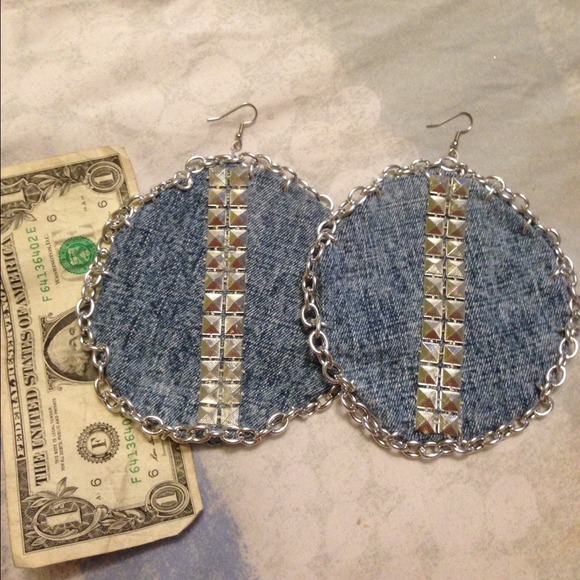 🎁gift Me🎁#Denim stud &chain xL earrings - Picture 2 of 4