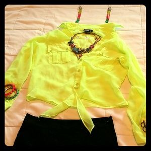 Beautiful Sheer neon heart cut out tie blouse