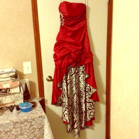 Red/Animal Print High-Low Formal Gown