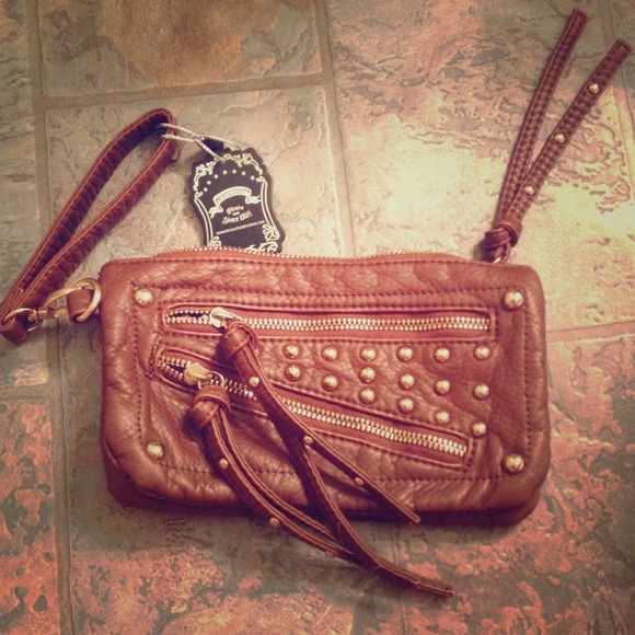 Vegan leather brown wristlet w/ round gold studs