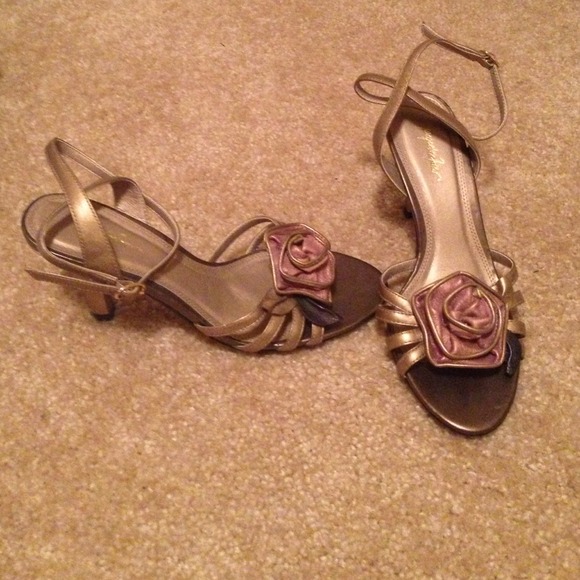 Metallic floral ankle wrap sandal