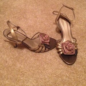 Metallic floral ankle wrap sandal
