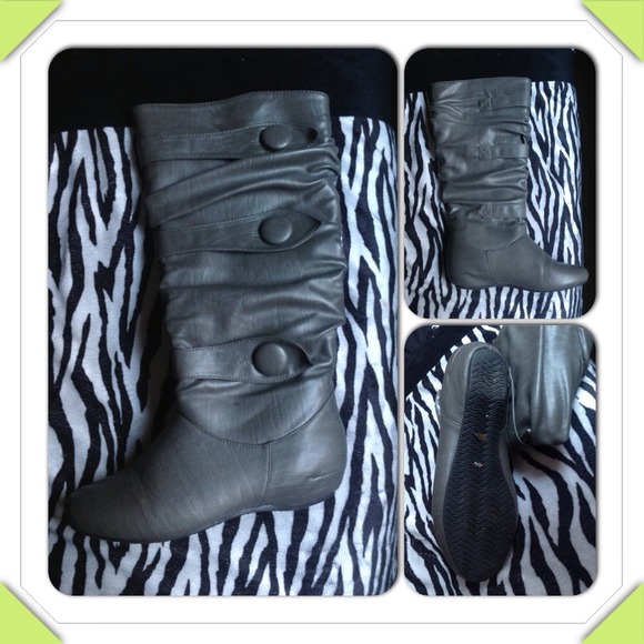 Grey PU leather button boots