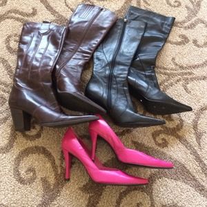 Bundle brown boots, black boots, and pink heels