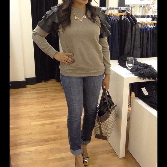 Leather Ruffle Sleeve Sweater
