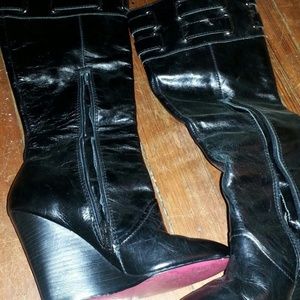 Knee high black wedge boot
