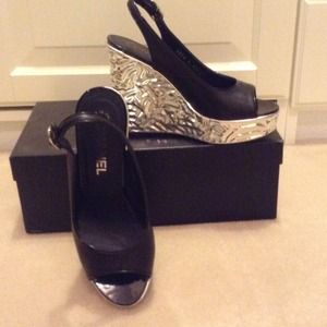 Chanel wedge sling backs in black/silver.