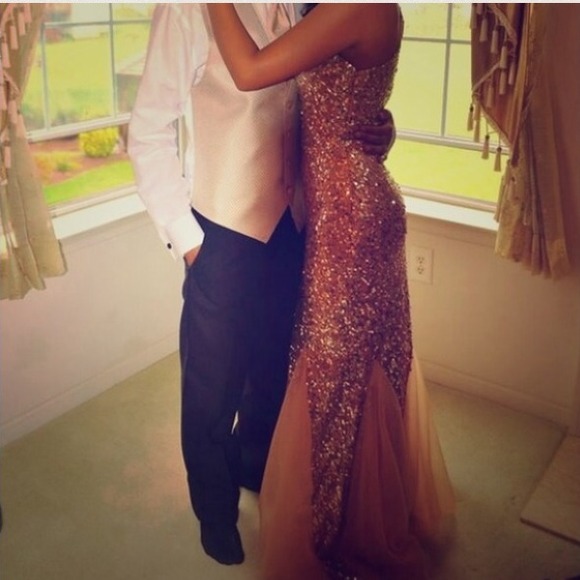 Nude and champagne gold prom dress, formal gown