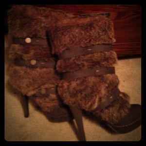 Brown Furry boots Size 7 Tall skinny heel