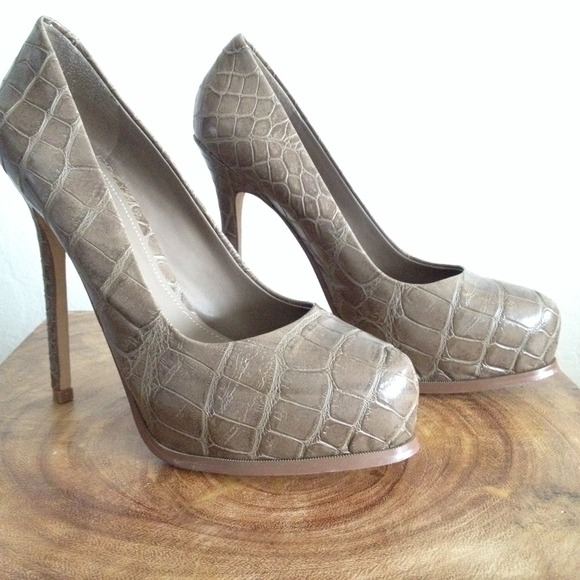 Taupe Croc-embossed Leather Heels - Picture 2 of 4
