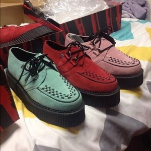 TUK Suede Creepers in Mint, Red, and Pink