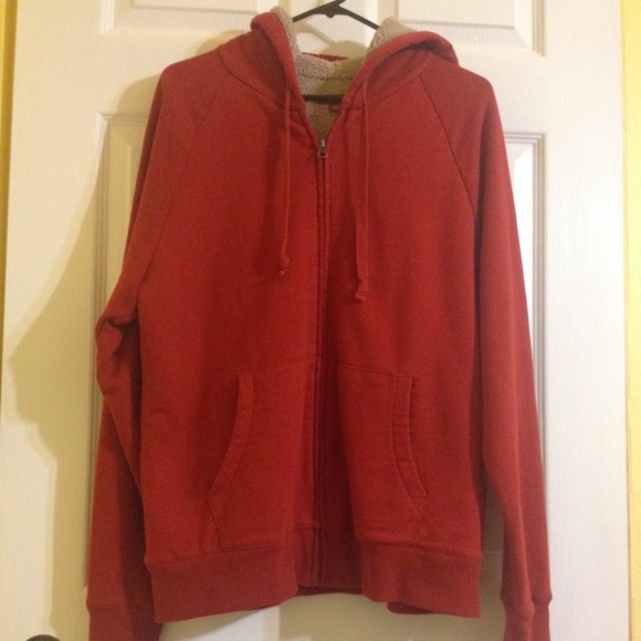 Orange zip up fleece lined hooded sweatshirt