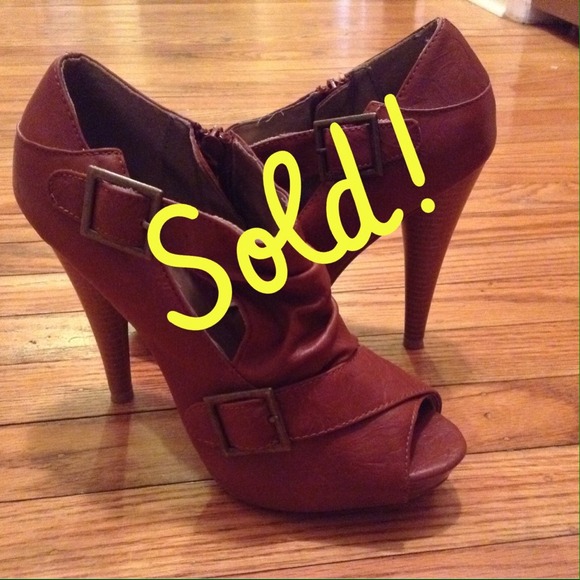 Sold!Cognac Charlotte Russe open toe booties. Hot!