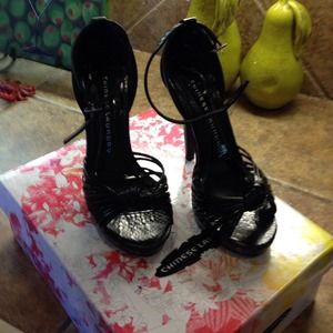 Black snake skin print ankle strap shoes