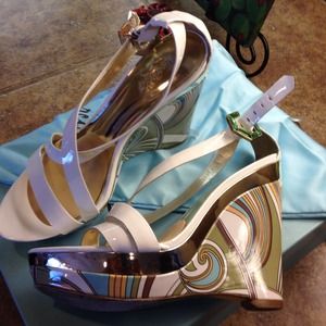 White strappy Marciano wedges