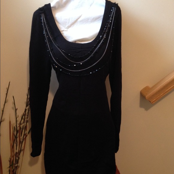 EXPRESS Black Scoop Neck Sweater Dress w/ Jewels