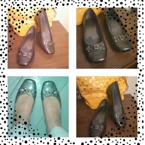 Grey metallic buckle flats