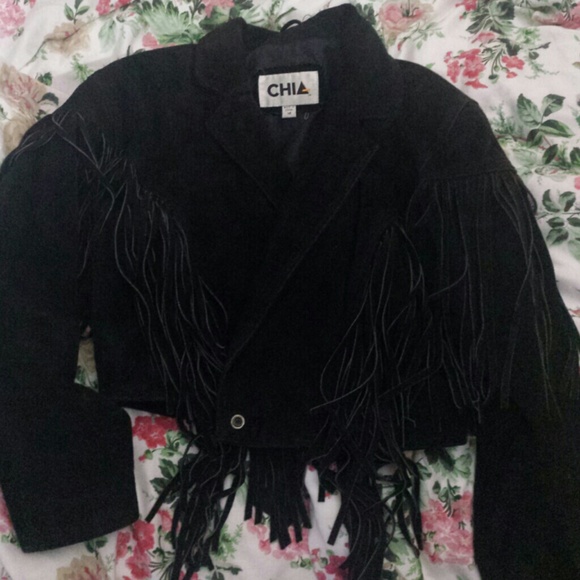 (SOLD!) Vintage black suede leather fringe jacket