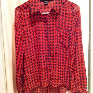 Orange and blue pattern collared chiffon top