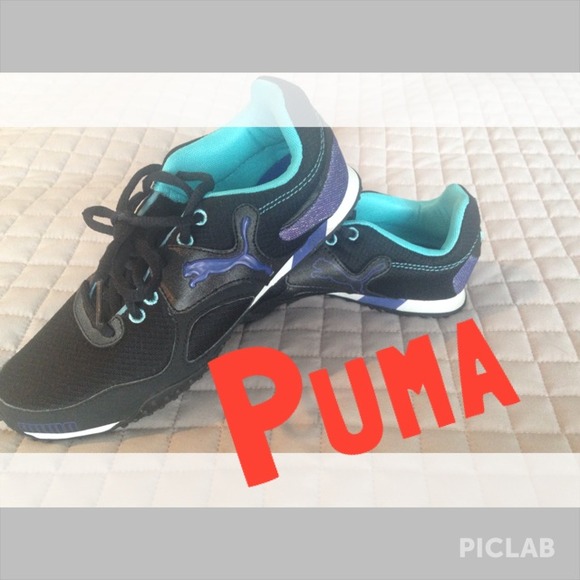 Puma tennis shoes, black teal and purple