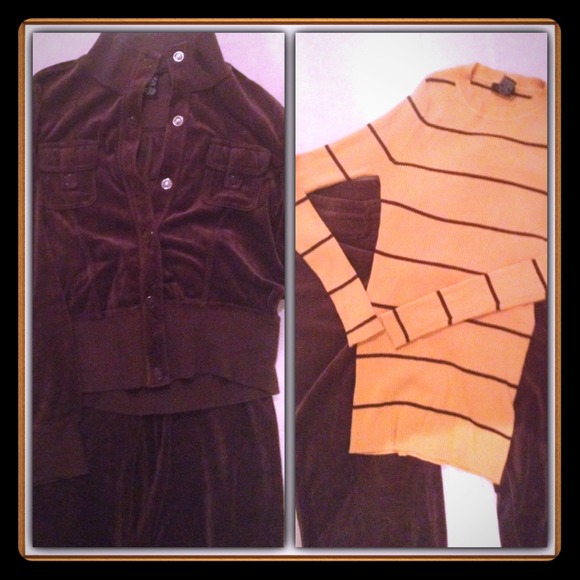 Brown velour sweat suit with matching sweater.