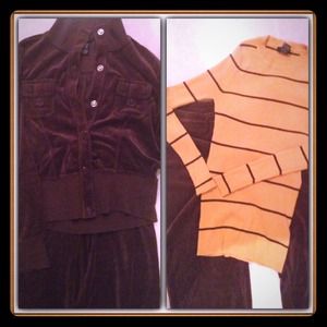 Brown velour sweat suit with matching sweater.
