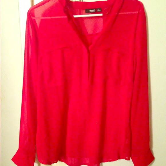 Red sheer half button down long sleeved shirt!
