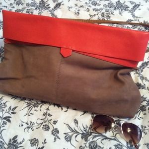 ‼️SALE‼️Orange/Tan Leather Clutch w/ Foldover Flap