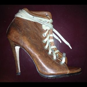 Manolo Blahnik peep toe lace up booties brown