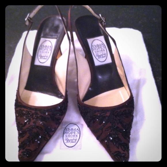 Emma Hope sling back brown satin embellished shoes