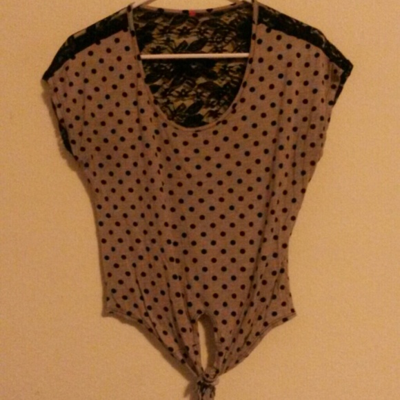 Bundled-Beige polka dot lace crop top