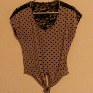 Bundled-Beige polka dot lace crop top