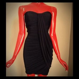 Sexy black strapless dress.