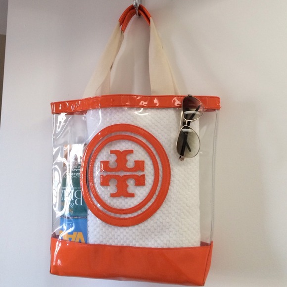 Orange/clear Tory Burch beach bag w canvas handles