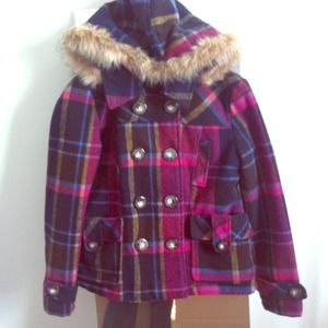 Plaid Peacoat with Fur Hood