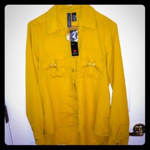 Mustard colored silky button up shirt