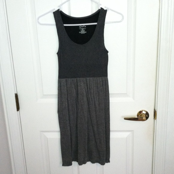 Grey dress. Tighter on top and flowy on the bottom