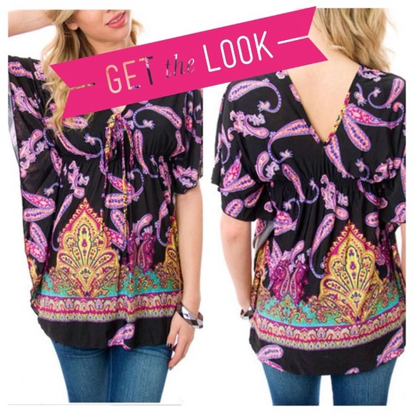 Boutique Bohemian black and purple paisley top