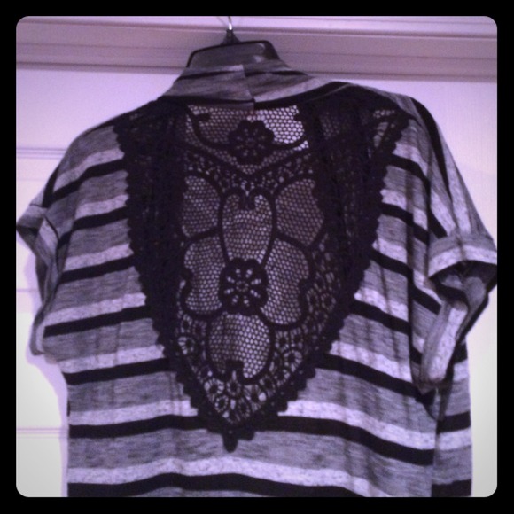 Black and gray striped cardigan with lace back