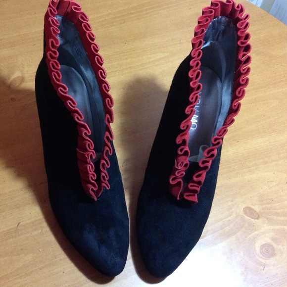 Suede black with red ruffle booties