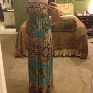 Teal & brown print maxi dress