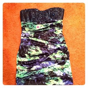 EUC Strapless Blue Sequined Multi-colored Dress