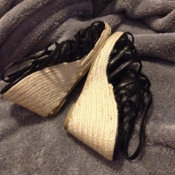Black Strappy Caged Wedge Heels