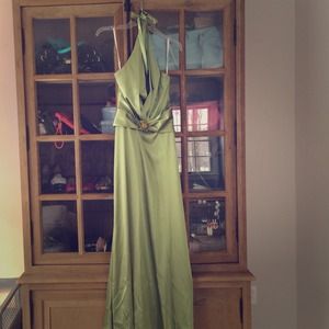 Green satin evening gown