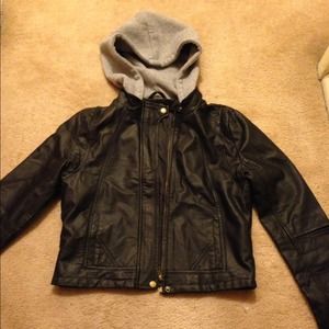 Black leather hooded jacket