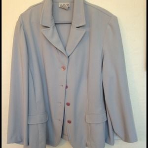 POWDER BLUE PEN STRIPE JACKET AND SKIRT SUIT SET.