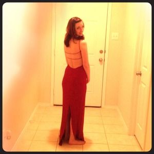 Red backless evening gown