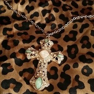 Cross gold and mint green necklace